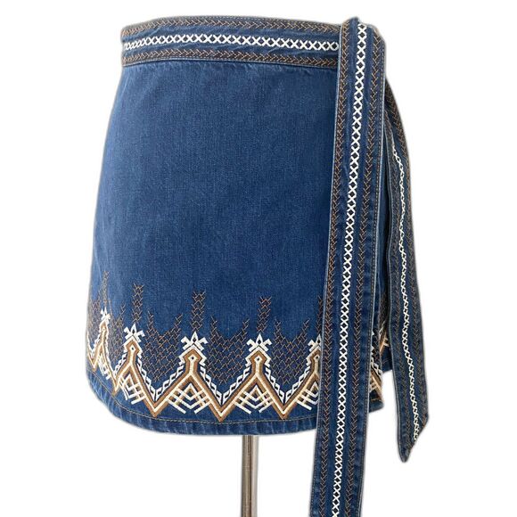 Free People Dream Away Embroidered Denim Wrap Mini Skirt Aztec Cotton Sz 8 - Picture 2 of 11